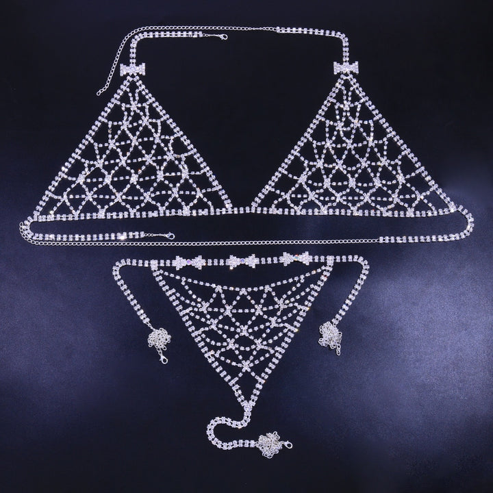 Hollow Bow Rhinestone Body Chain Bra Harness for Women Beach Accessories Bikini Bra Thong Set Body Jewelry