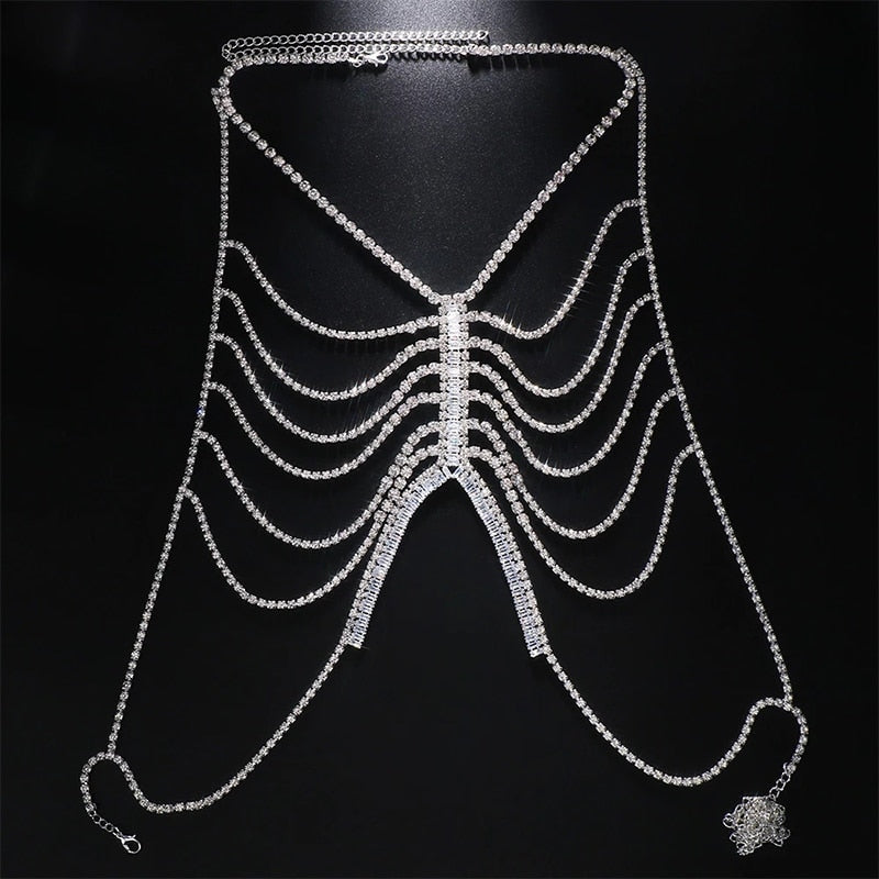 Zircon Multi Layer Hollow Bra Necklace Chest Chain Body Jewelry Rhinestone Harness Bikini Accessories