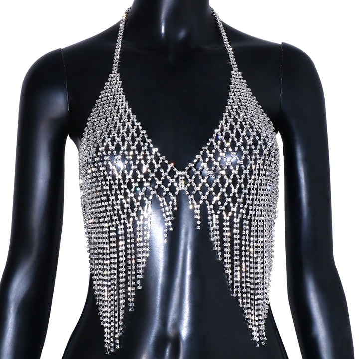 Mesh Harness Rhinestone Tassel Bra Chain Nightclub Clothing Hollow Tops Crystal Sexy Body Jewelry for Women