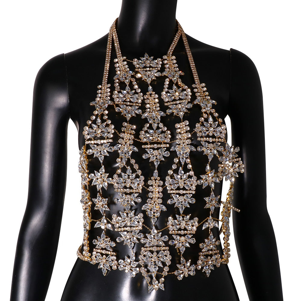 Rhinestone Body Chain Jewelry Halloween Carnival Costume Crystal Chest Chain Bra Lingerie Body Jewelry