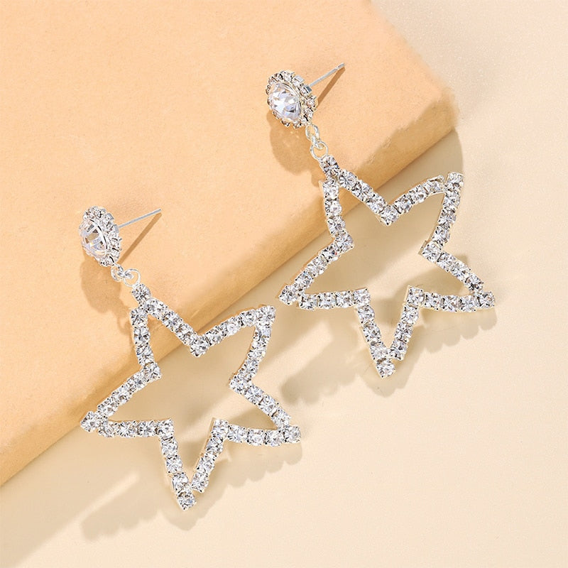 Pair Dangling Big Star Earrings Vintage For Women Piercing Pendant Crystal Loop Earrings