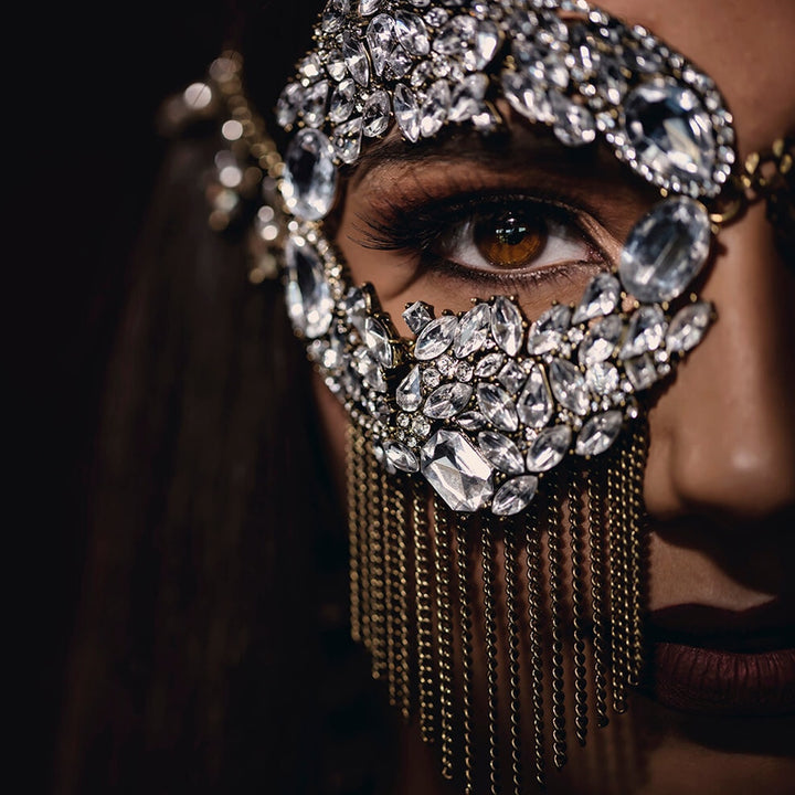 Half Tassel Mask Chain Rhinestone Halloween Face Decoration Masquerade Party Veils Headwear Face Jewelry for Women