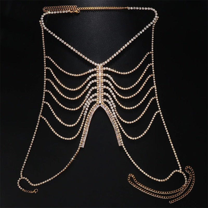 Zircon Multi Layer Hollow Bra Necklace Chest Chain Body Jewelry Rhinestone Harness Bikini Accessories