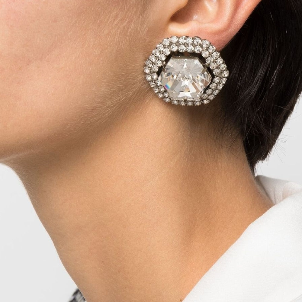 Vintage Crystal Geometry Ear Clip Earrings No Piercing Luxury Accessories Rhinestone Bridal Earrings Wedding Jewelry