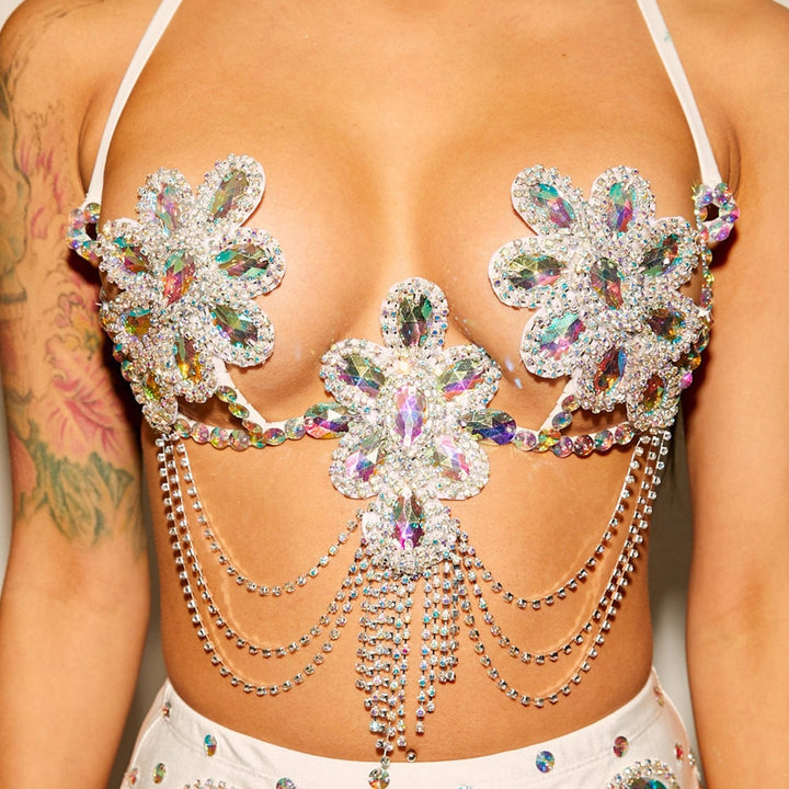 Colorful Rhinestone Flower Chest Bracket Top for Women Lingerie Sexy Tassel Bra Chain Necklace Bikini Jewelry Body Chain Dance Body Jewelry