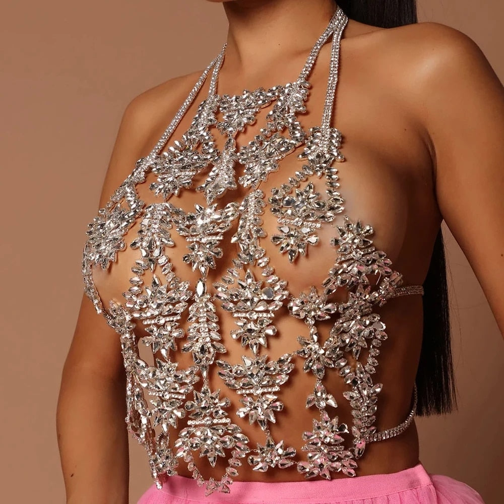 Rhinestone Body Chain Jewelry Halloween Carnival Costume Crystal Chest Chain Bra Lingerie Body Jewelry