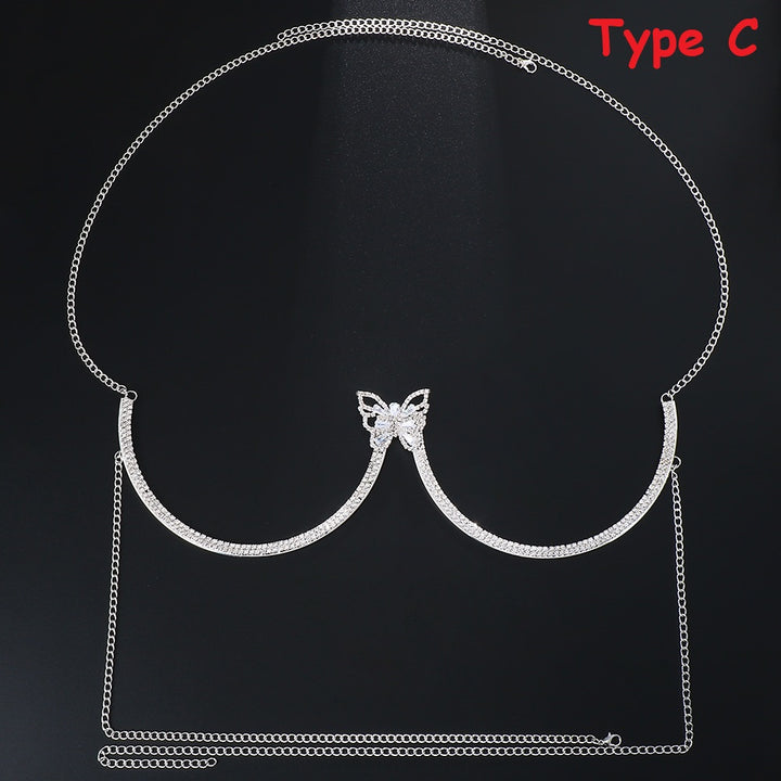 Flash Butterfly Rhinestone Chest Bracket Bra Chain for Women Round Breast Body Jewelry Bikini Chains