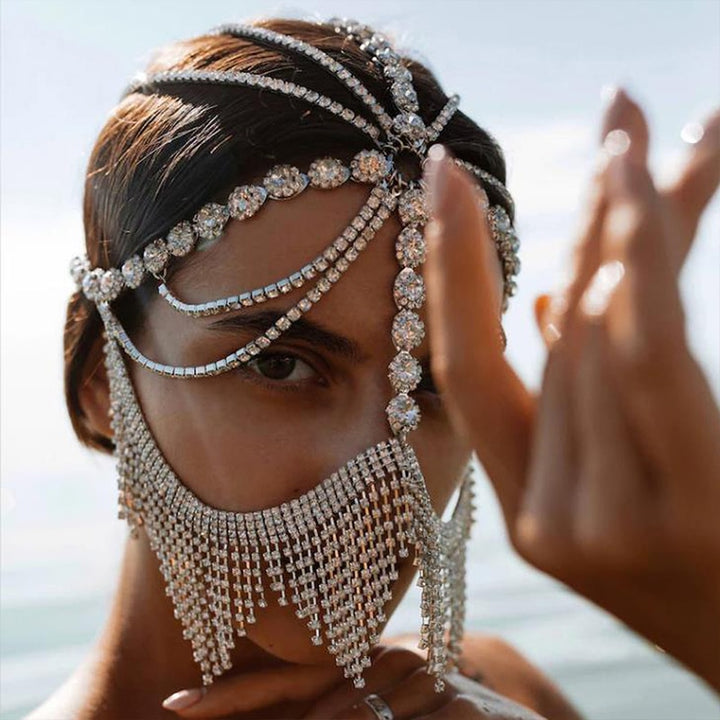 Rhinestone Fringe Jewelry Mask Headpiece Accessories for Women Full Face Halloween Mask Chain