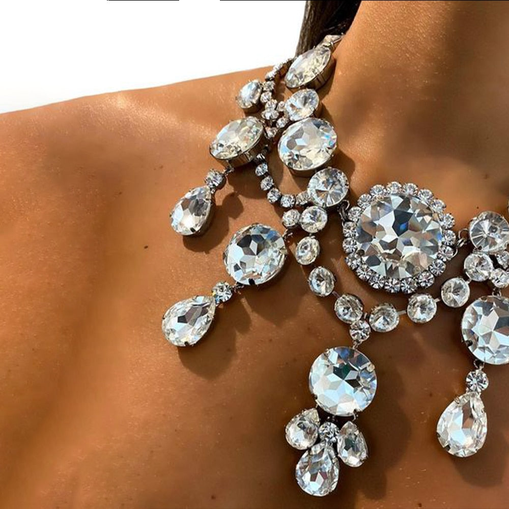 Fashion Crystal Set Necklace Earrings Jewelry Choker Rhinestone Collar Necklace Earrings