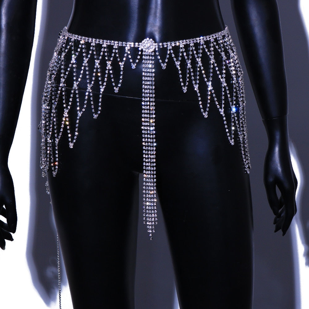 Mesh Rhinestone Tassel Waist Belly Chain Skirt Bikini for Women Body Jewelry Crystal Body Chain