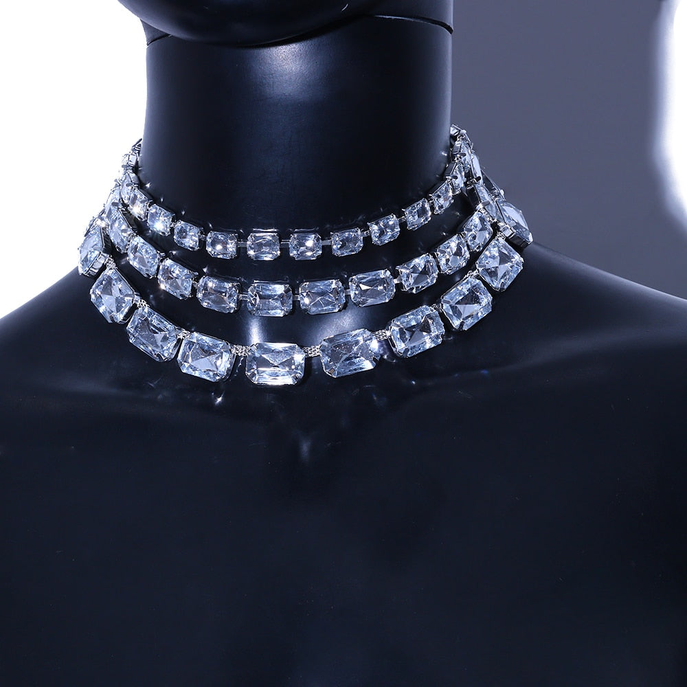 Large Rhinestone Necklace Jewelry for Women Multi Row Crystal Collar Choker Necklace