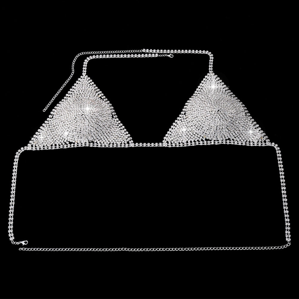 Rhinestone Triangle Cup Bikini Lingerie Crystal Underwear Bra Chest Chain for Women Body Jewelry