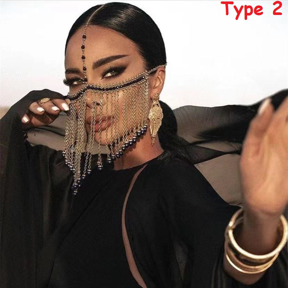 Crystal Black Tassel Mask for Women Arabic Dance Face Tassel Halloween Accessory Rhinestone Face Jewelry