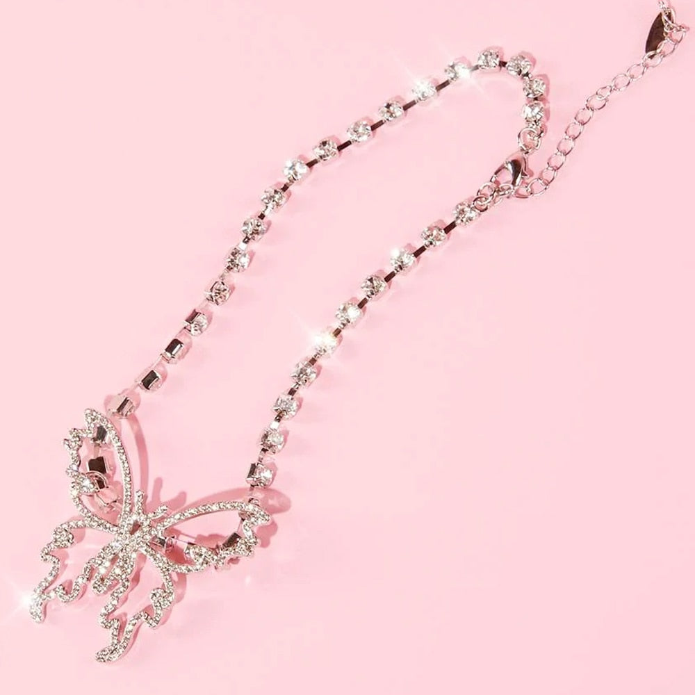 Butterfly Crystal Choker Necklace Wedding Jewelry Rhinestone Chain Necklace for Women