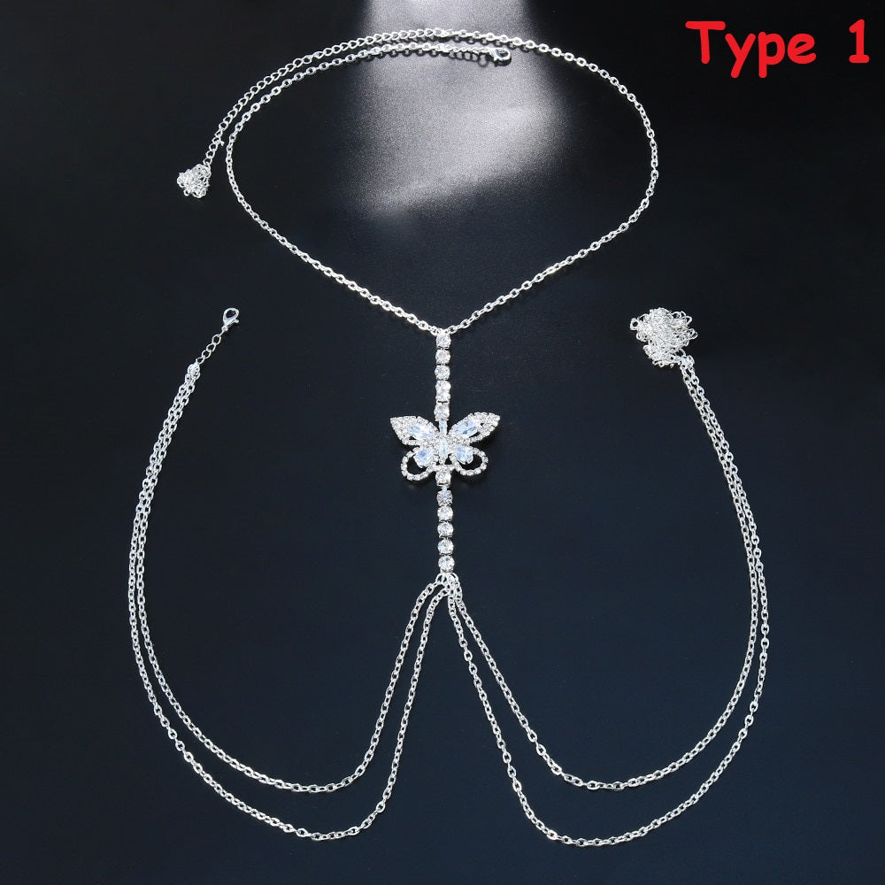 Zircon Butterfly Rhinestone Bra Chain Harness Rave Jewelry Crystal Bikini Chest Chain Necklace for Women