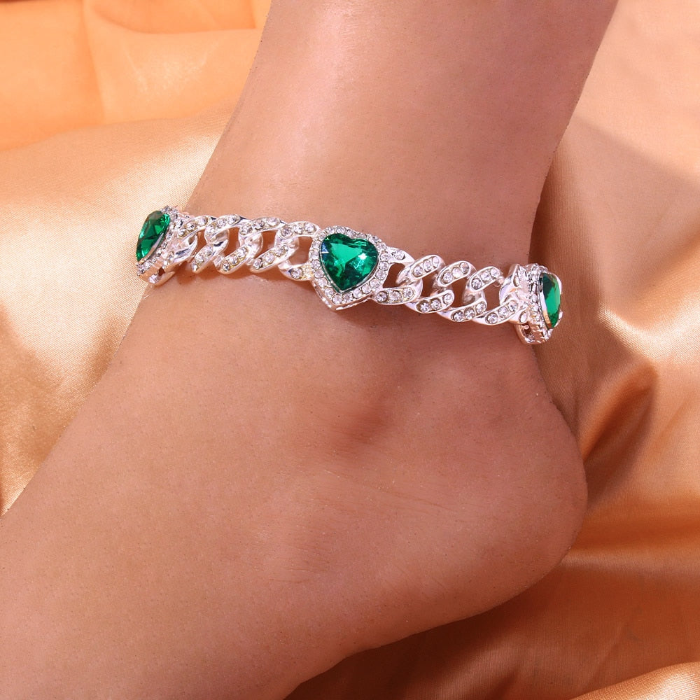 Green Love Rhinestone Crystal Anklet Heart Cuban Link Thick Bling Anklet Foot Jewelry