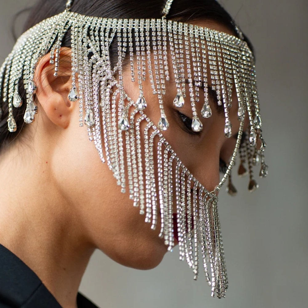 Rhinestone Headband Hair Hat Tassel Face Chain for Women Crystal Halloween Mask Masquerade Mask Hair Chain Head Chain