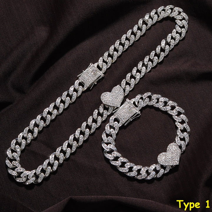 Heart-Shaped Cuban Link Bracelet Iced Women Men Necklace Chain Prong Pave Chain Jewelry