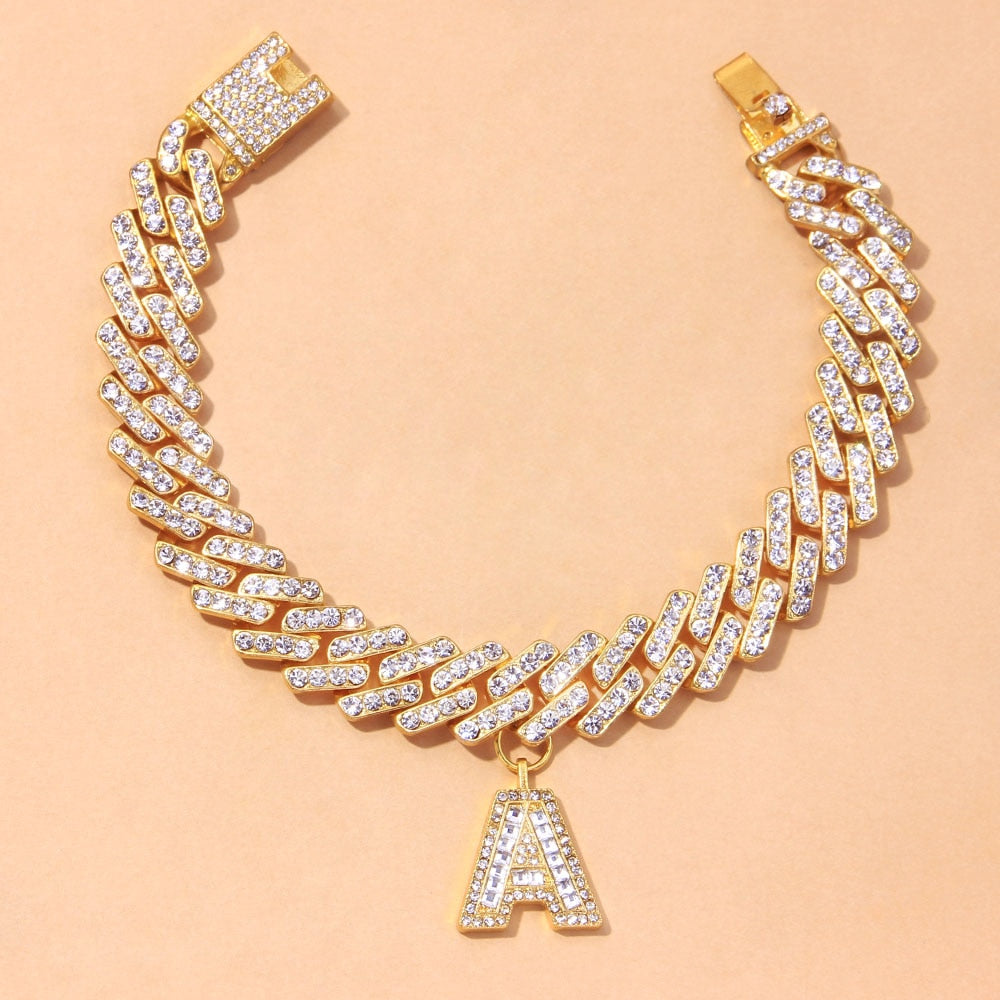A-Z Alphabet Initial Letter Anklet Thick Crystal Cuban Link Baguette Chunky