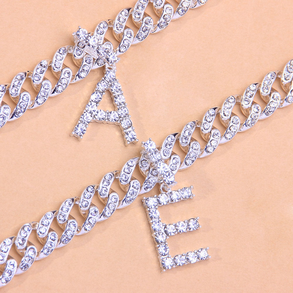 A-Z Alphabet Initial Letter Pendant Crystal Anklets Bracelet Bling Cuban Link