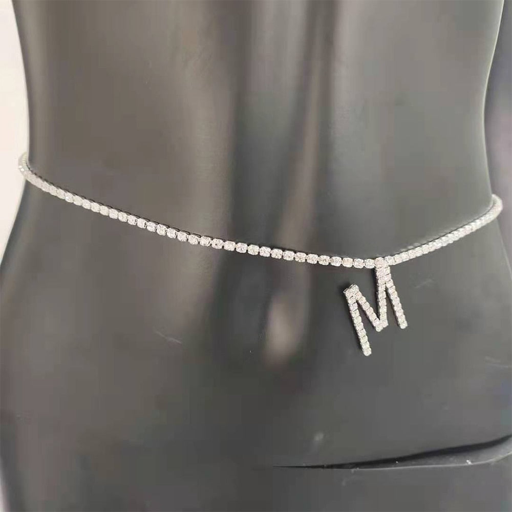 A-Z Alphabet Initial Waist Chain Women Belt Pendant Rhinestone Crystal Body Chain Jewelry