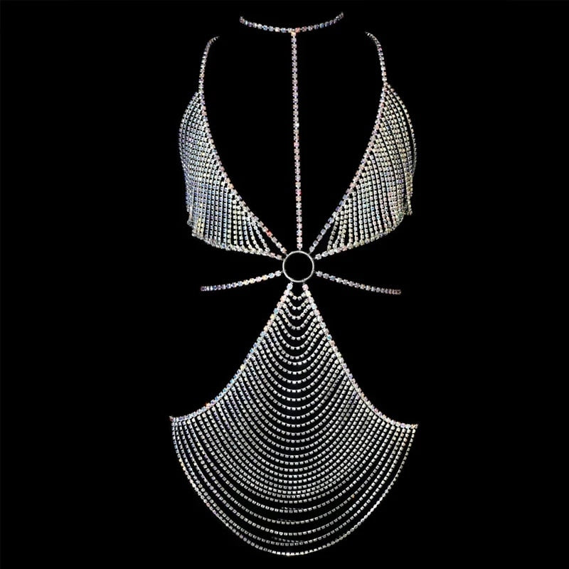 Rhinestone Lingerie Outfit Body Dresses Women Strips Jewelry Necklace Bra Bodysuit Waist Chain Underwear String Panties Crystal Body Jewelry