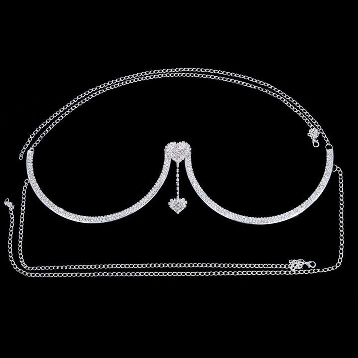 Chest Bracket Double Pendant Heart Bras Chain Necklace Body Jewelry Rhinestone