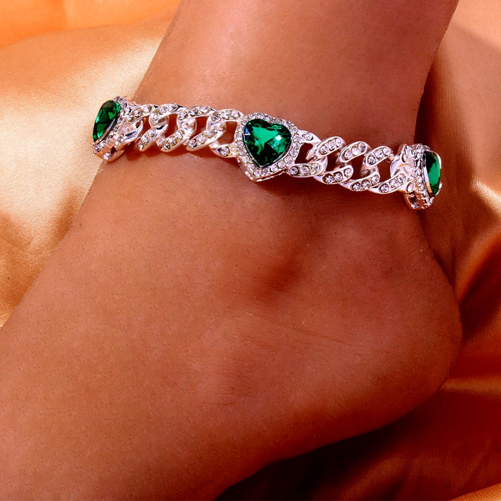 Green Love Rhinestone Crystal Anklet Heart Cuban Link Thick Bling Anklet Foot Jewelry