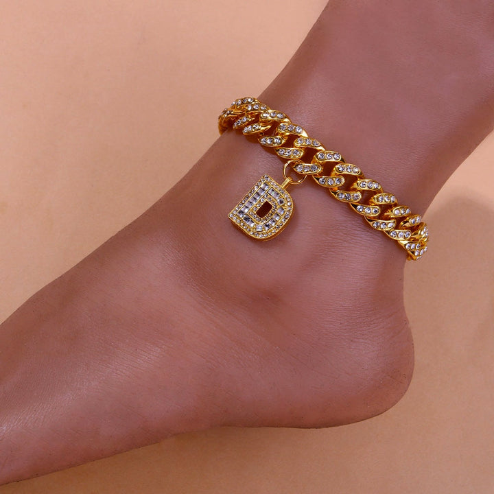 A-Z Alphabet Anklets Initial Letter Miami Punk Crystal Chunky Cuban Link Anklet
