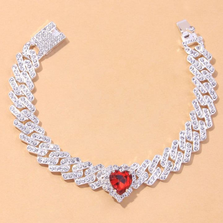 Rock Silver Color Red Heart Anklet Bracelet Beach Charm Crystal Cuban Link Chain