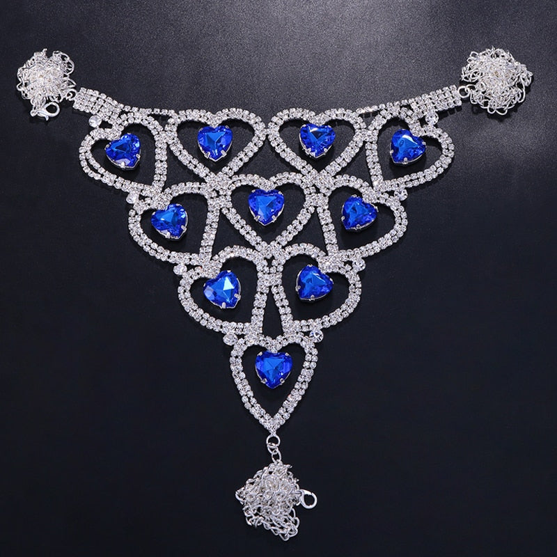 Rhinestone Blue Heart Body Chain Lingerie Bra Chest Chain Thong Set Body Jewelry