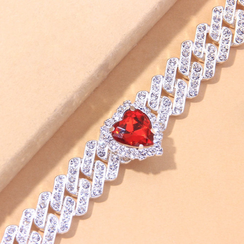 Rock Silver Color Red Heart Anklet Bracelet Beach Charm Crystal Cuban Link Chain