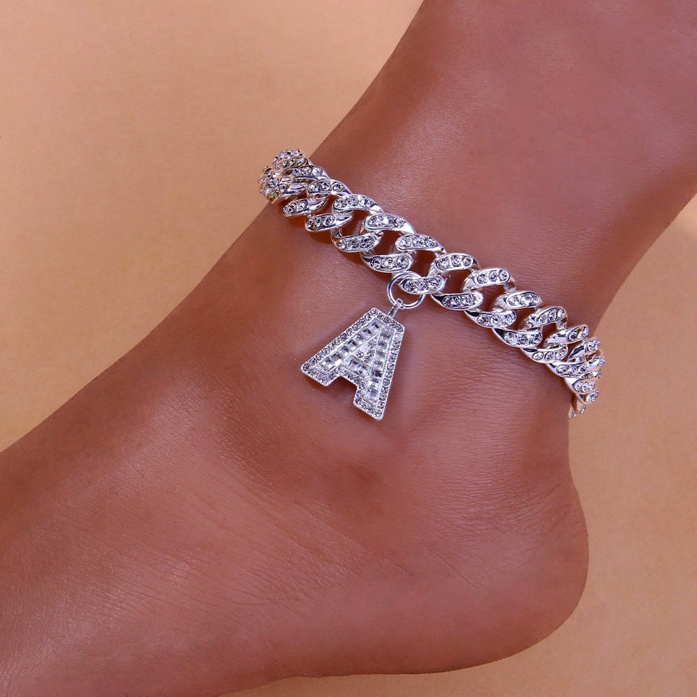 A-Z Alphabet Anklets Initial Letter Miami Punk Crystal Chunky Cuban Link Anklet