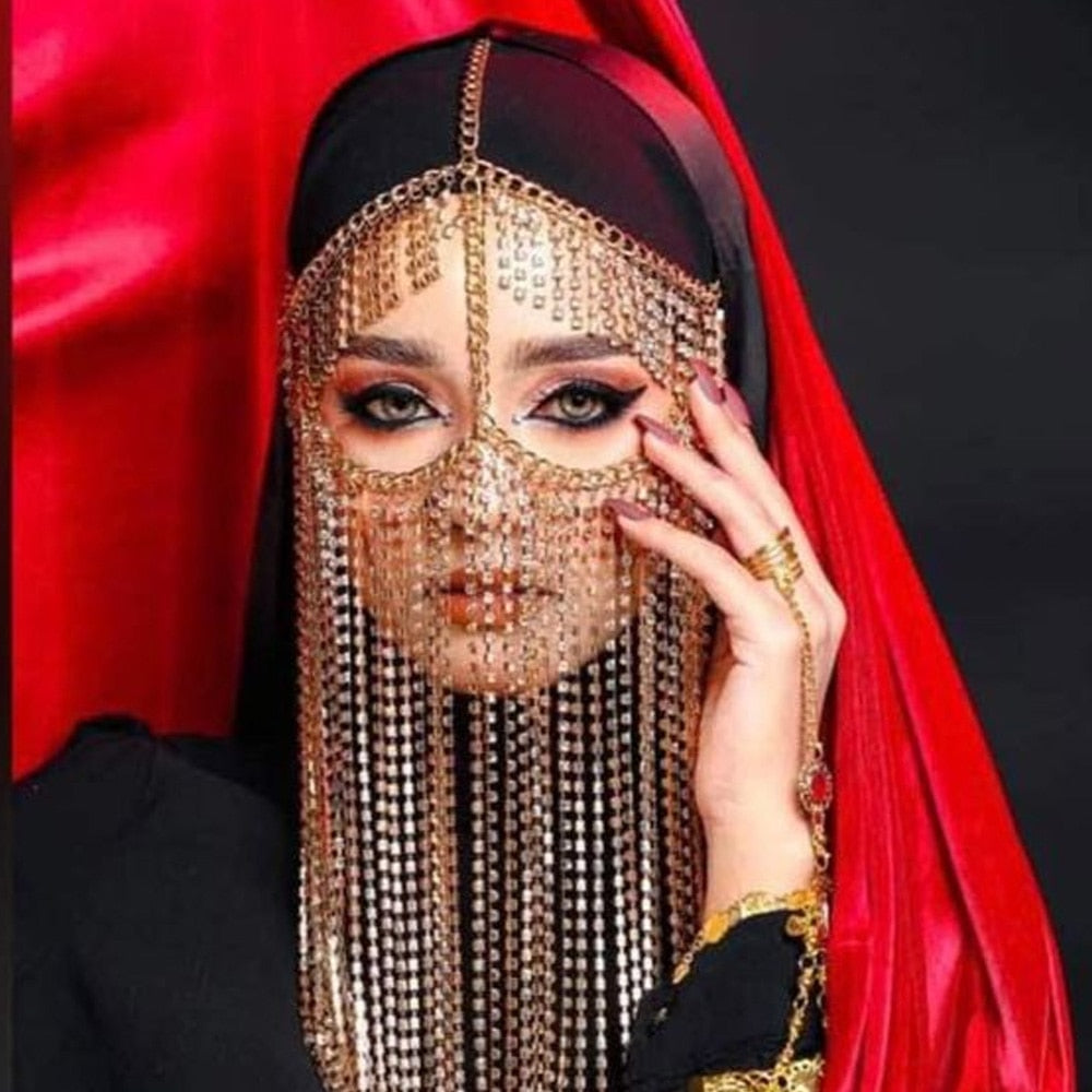 Crystal Tassel Face Jewelry Women Masquerade Mask Holloween Mask Rhinestone Face Mask Headband Bridal Veils Party