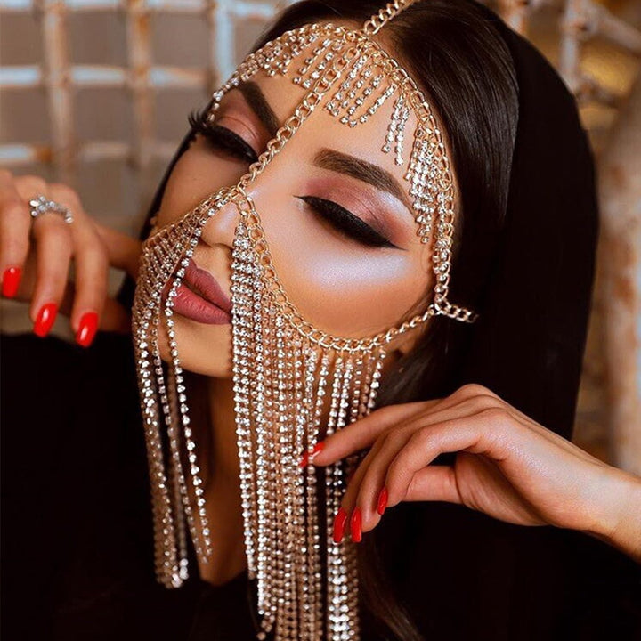 Crystal Tassel Face Jewelry Women Masquerade Mask Holloween Mask Rhinestone Face Mask Headband Bridal Veils Party
