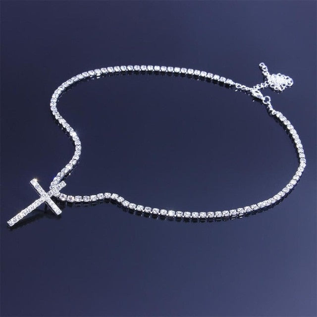 Big Cross Necklace Tennis Chain Crystal Rhinestone Choker Necklace Women Collar