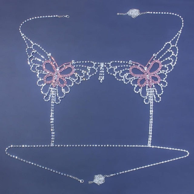 Sexy Butterfly Chain Body Lingerie Set Jewelry Crystal Big butterfly bra thong